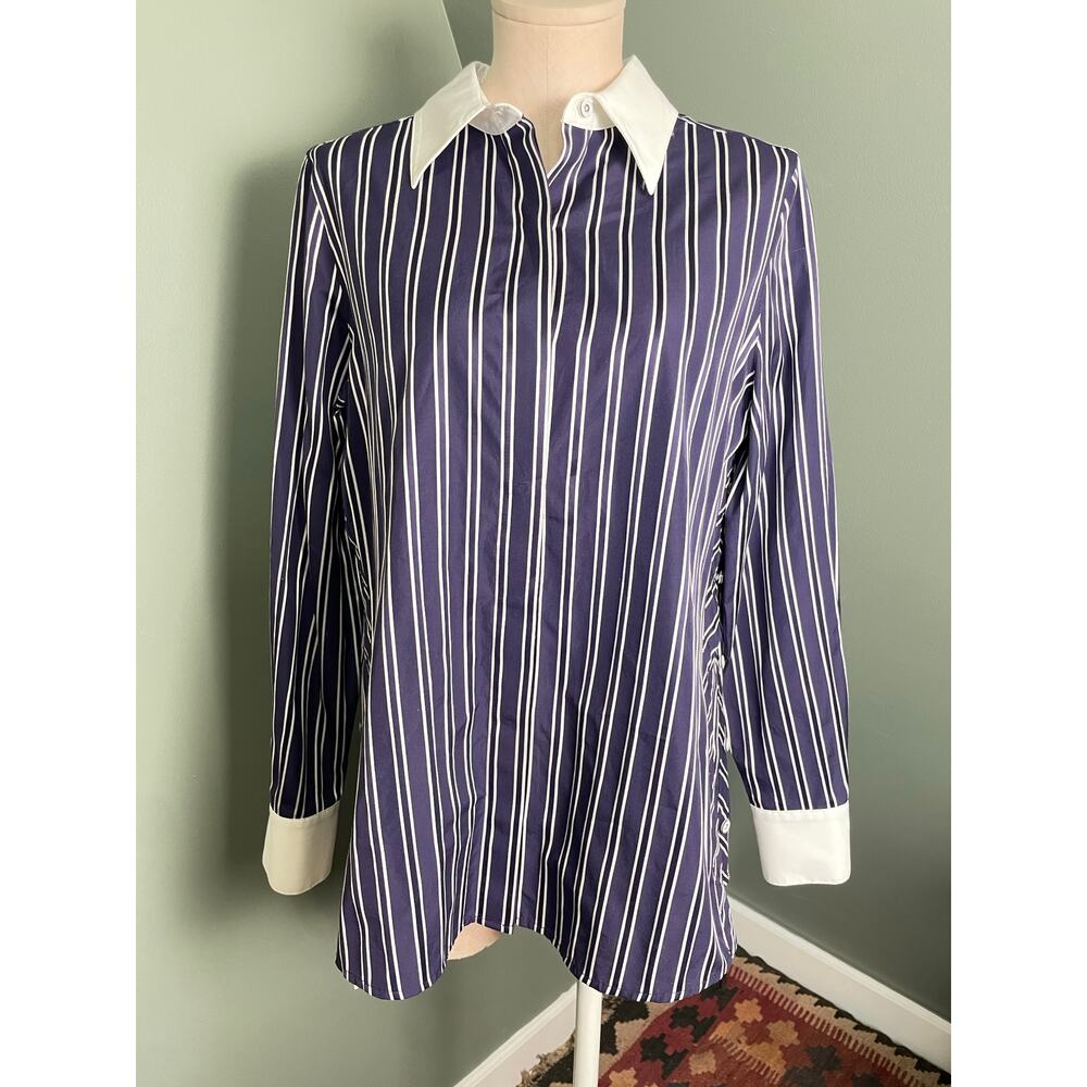 Per Se by Carlisle Women's Navy White Stripe Long Sleeve Collared Top. Size 8.